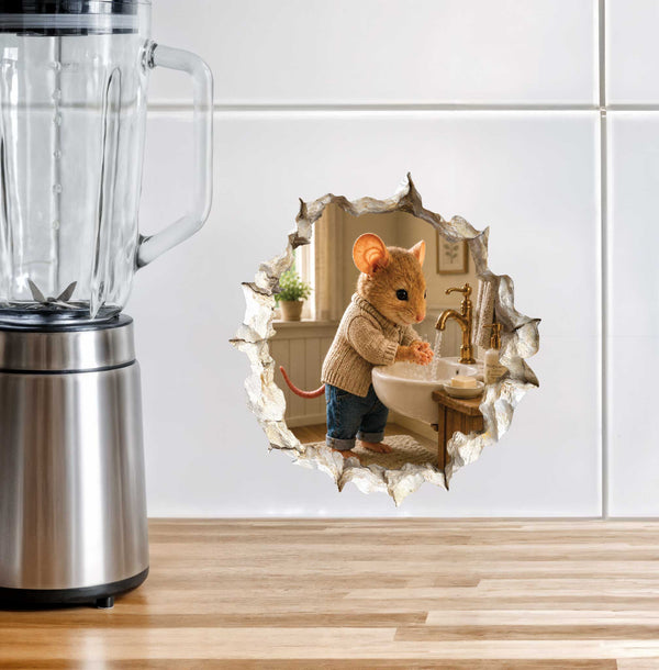 Hand Washing Bathroom Mouse in Mouse Hole Decal