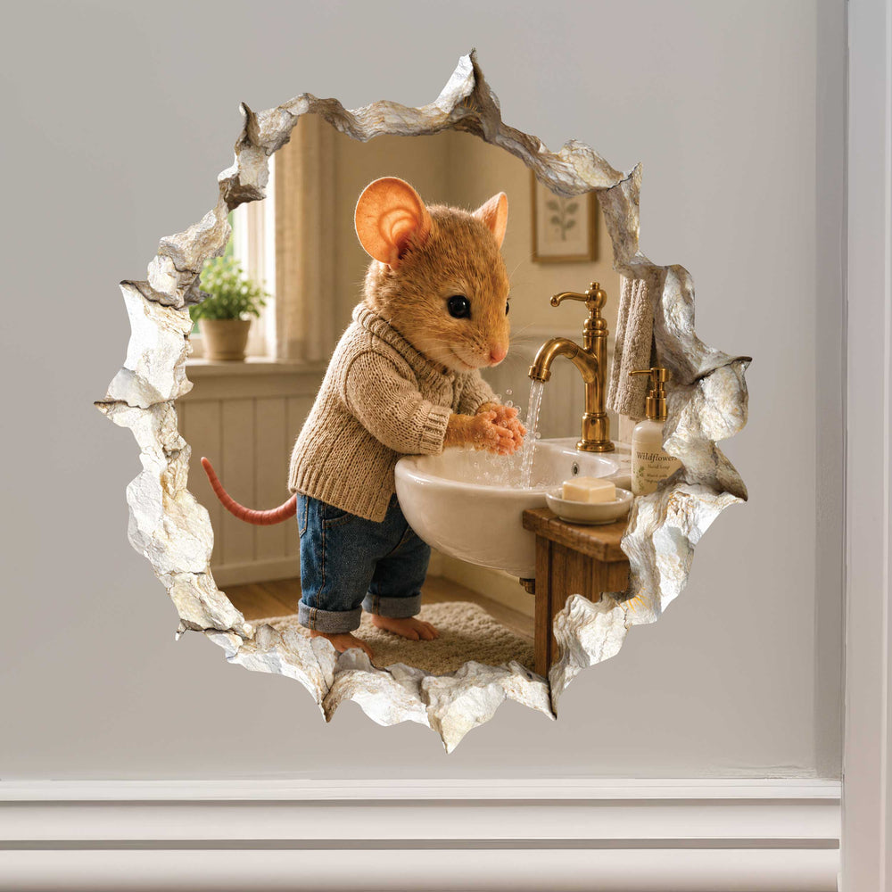 Hand Washing Bathroom Mouse in Mouse Hole Decal