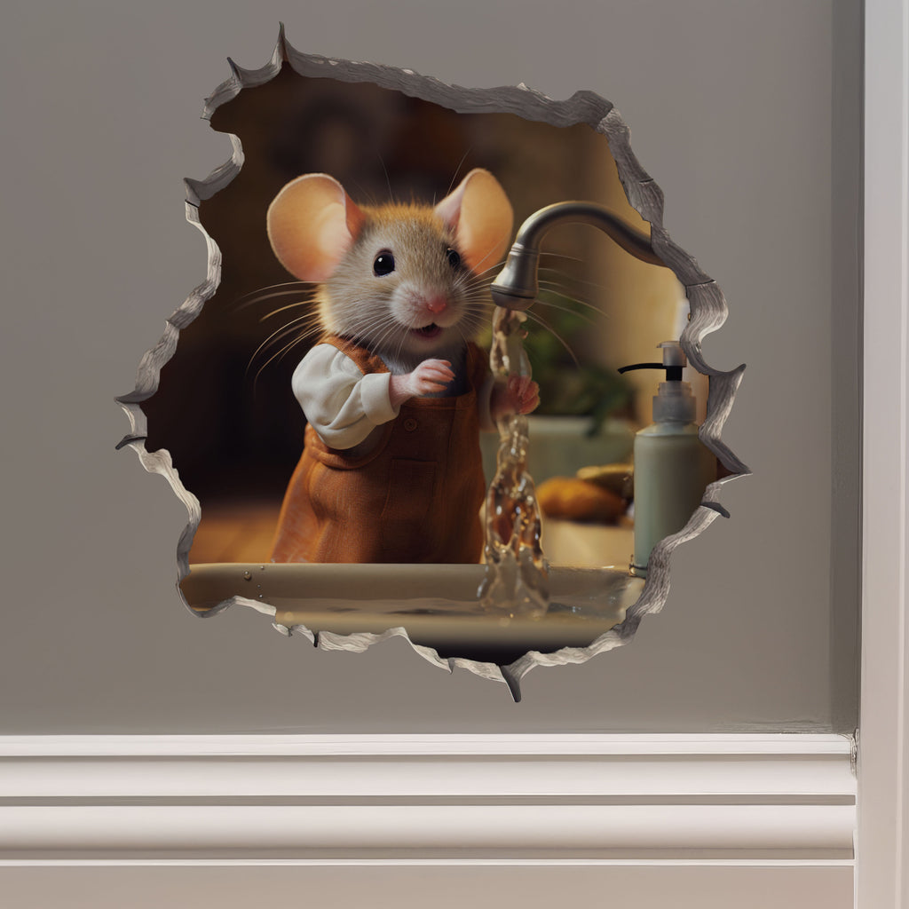 Hand Washing Mouse in Mouse Hole Decal on wall