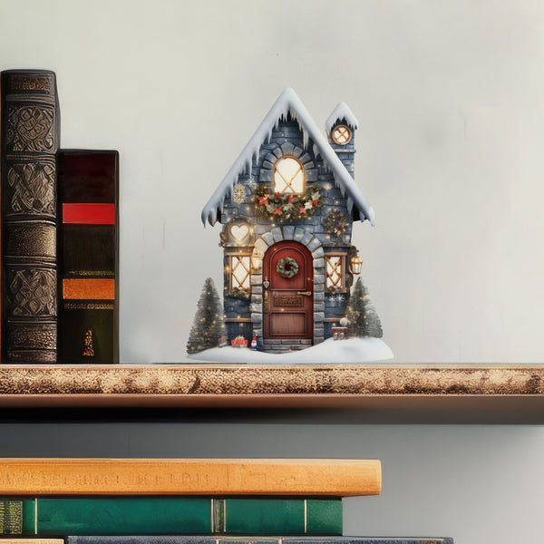 Snowy Christmas Gifts and Tree Blue House decal with books