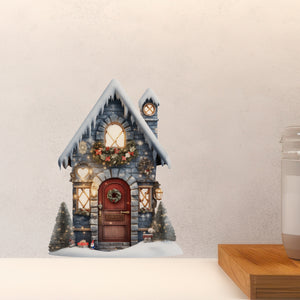 Snowy Christmas Gifts and Tree Blue House decal above countertop