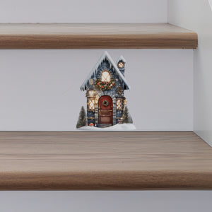 Snowy Christmas Gifts and Tree Blue House decal on stairs