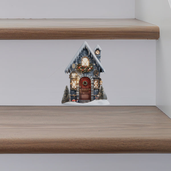 Snowy Christmas Gifts and Tree Blue House decal on stairs