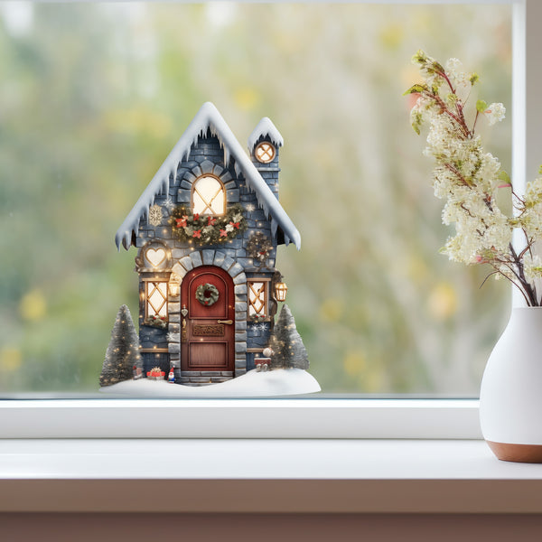 Snowy Christmas Gifts and Tree Blue House decal on window