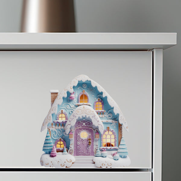 Christmas Village House Wall Sticker - Bright Blue and Purple Frosting Cotton Candy Holiday Decor Door