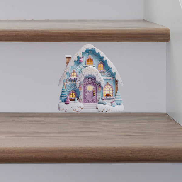 Christmas Village House Wall Sticker - Bright Blue and Purple Frosting Cotton Candy Holiday Decor Door