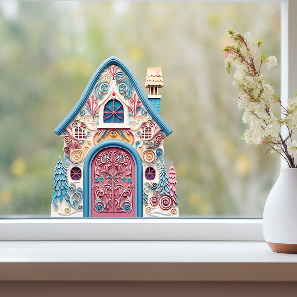 Fancy Blue and Pink House decal on window