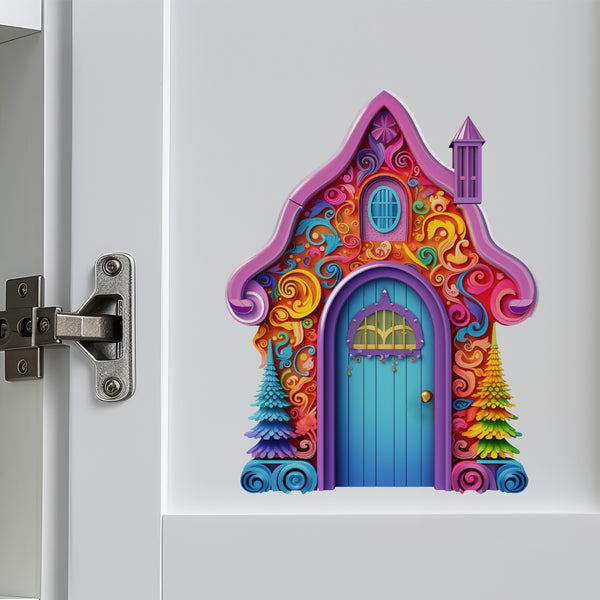 Bright Rainbow House with Trees on cabinet