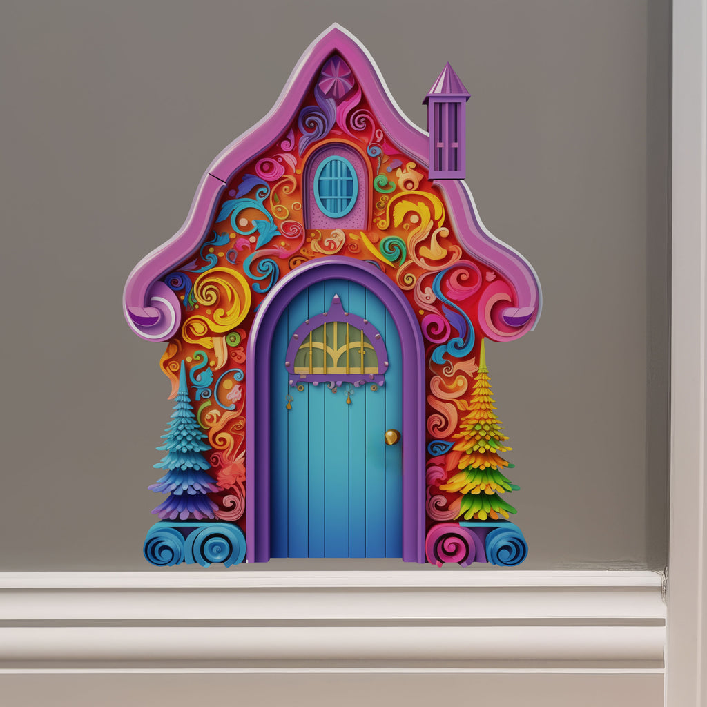 Bright Rainbow House with Trees decal on wall