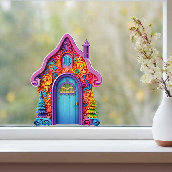 Bright Rainbow House with Trees on window
