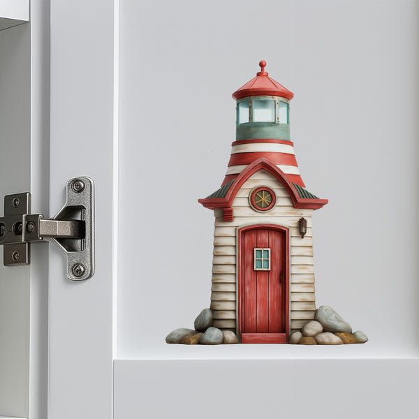 Lighthouse Door decal on cabinet