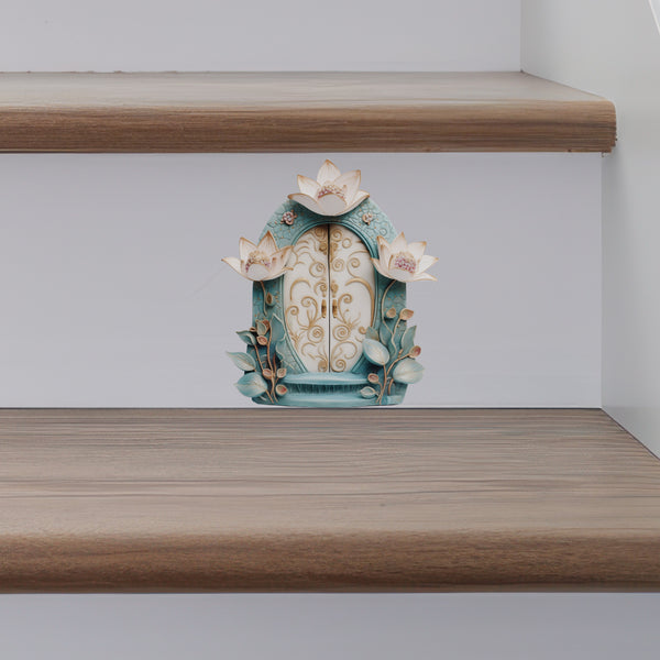 Beautiful Lotus Garden Door decal on stairs