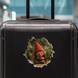 Coffee Lover Gnome decal on luggage