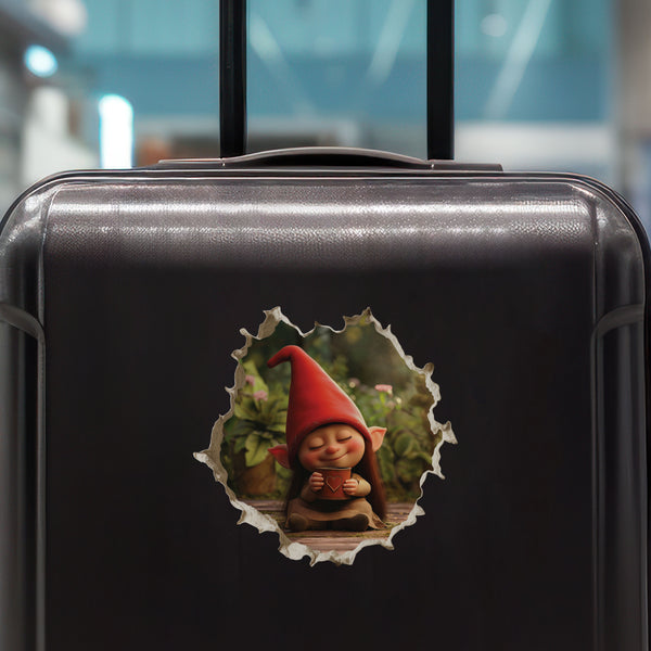 Coffee Lover Gnome decal on luggage