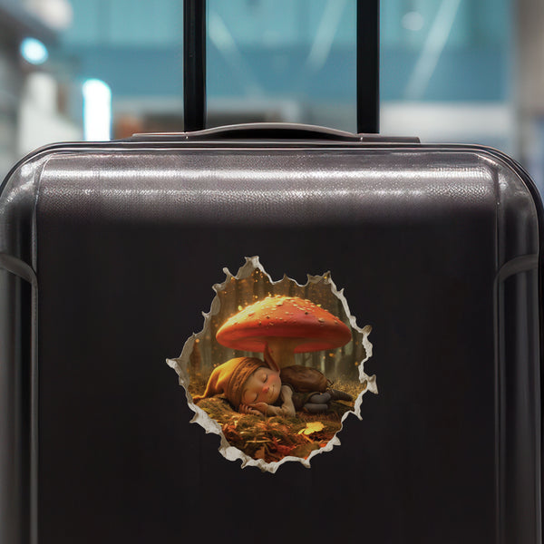 Sleeping Gnome decal on luggage