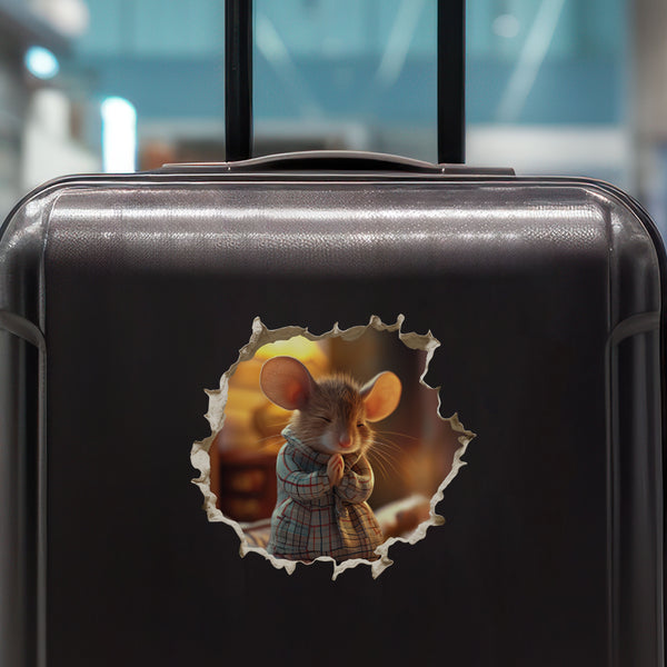 Praying Mouse decal on luggage