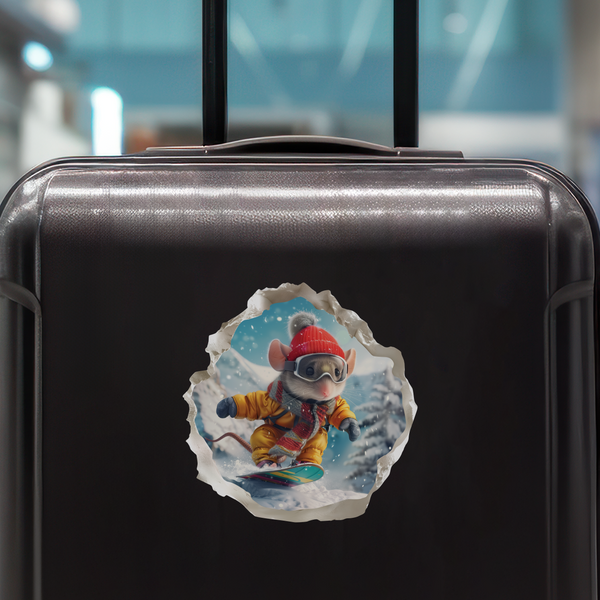 Snowboarding Mouse decal on luggage