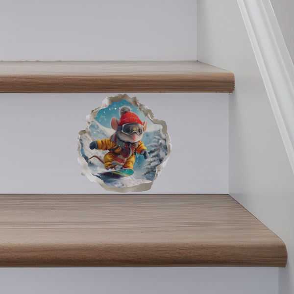 Snowboarding Mouse decal on stairs