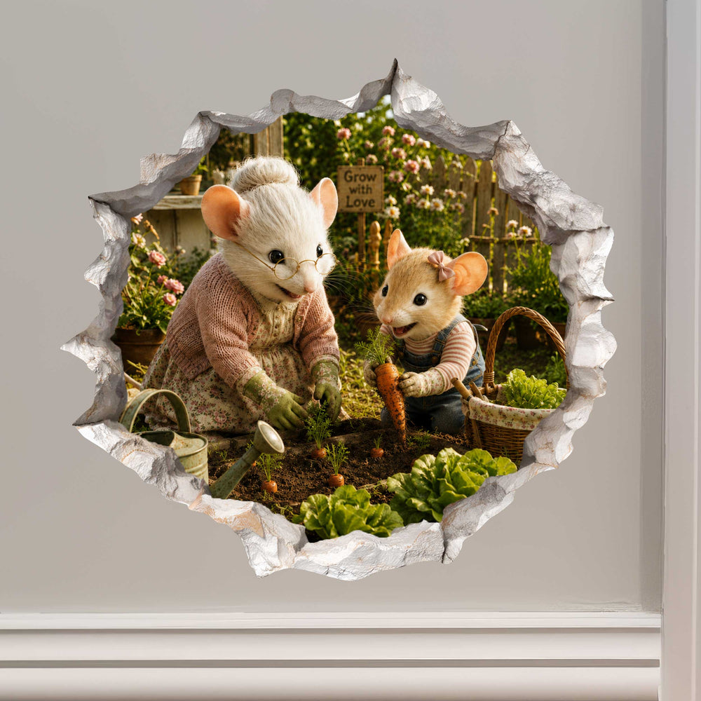 Granddaughter and Grandma Gardening Mouse Hole Decal