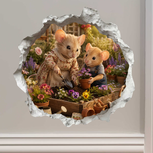 Grandson and Grandma Gardening Mouse Hole Decal
