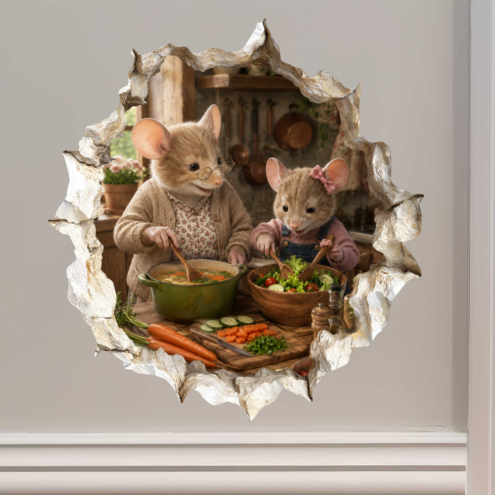 Granddaughter and Grandma Cooking Together Mouse Hole Decal