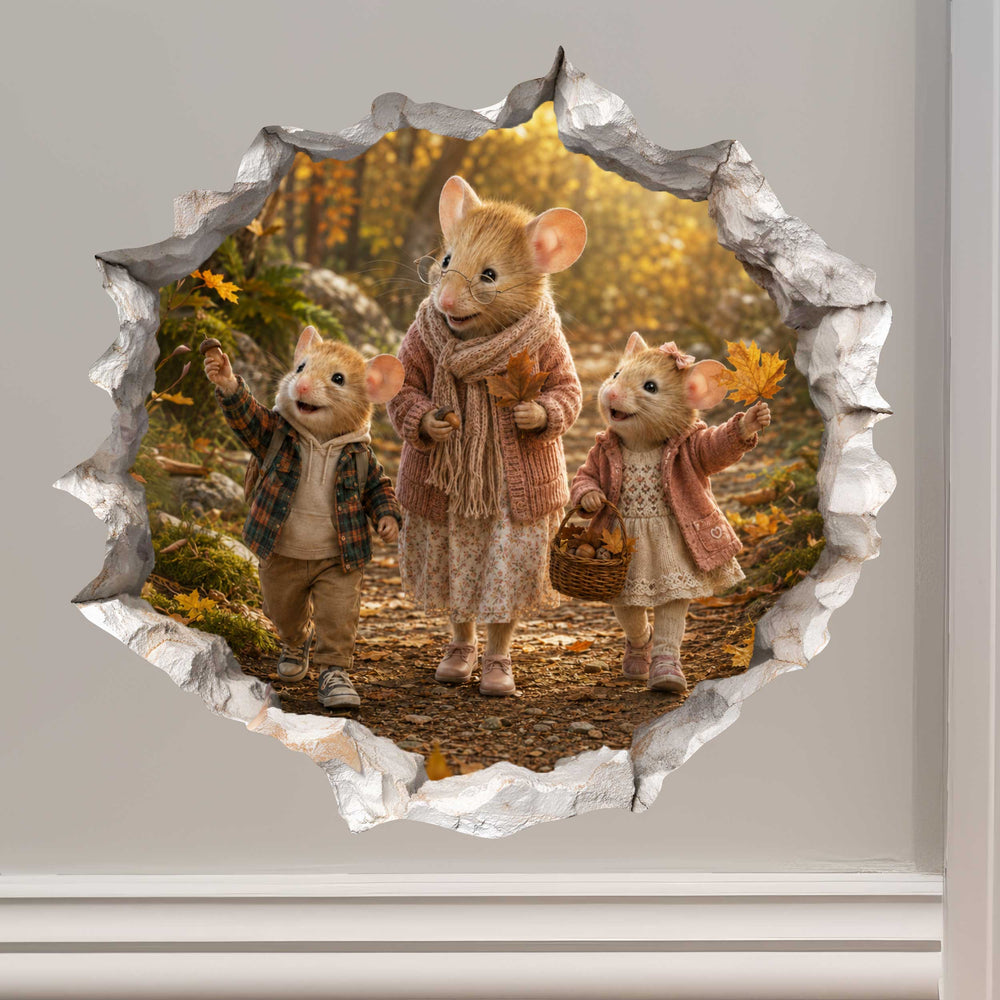 Grandkids and Grandma Fall Walk Mouse Hole Decal