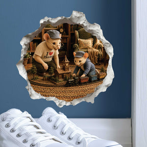 Grandpa and Grandson Playing Trains Mouse Hole Decal