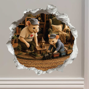 Grandpa and Grandson Playing Trains Mouse Hole Decal