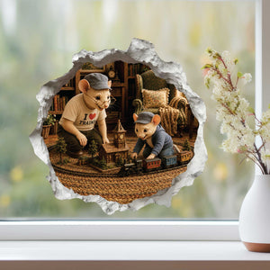 Grandpa and Grandson Playing Trains Mouse Hole Decal
