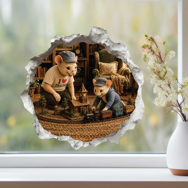 Grandpa and Grandson Playing Trains Mouse Hole Decal