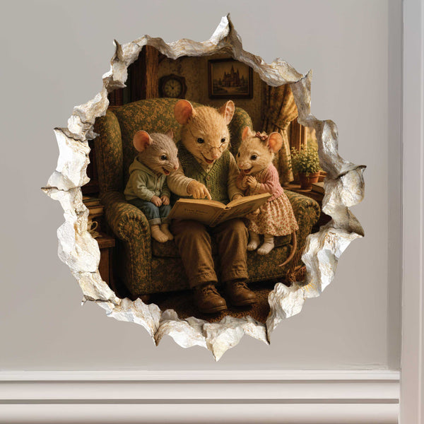 Grandpa and Grandkids Reading Mouse Hole Decal
