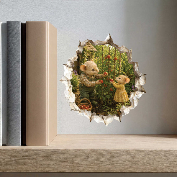 Grandpa and Granddaughter Gardening Mouse Hole Decal
