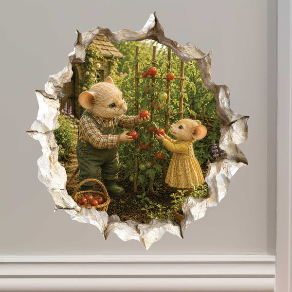 Grandpa and Granddaughter Gardening Mouse Hole Decal