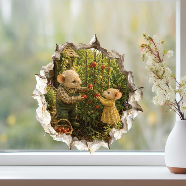 Grandpa and Granddaughter Gardening Mouse Hole Decal