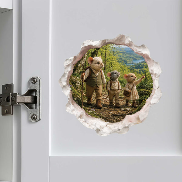 Grandpa and Grandchildren Hiking Mouse Hole Decal