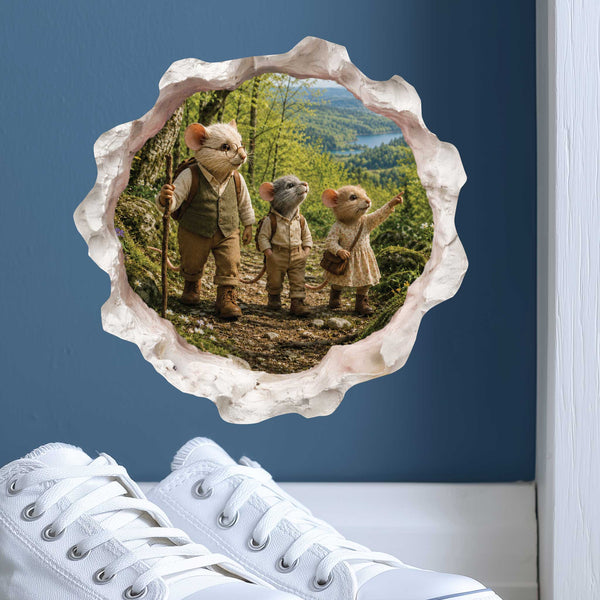 Grandpa and Grandchildren Hiking Mouse Hole Decal