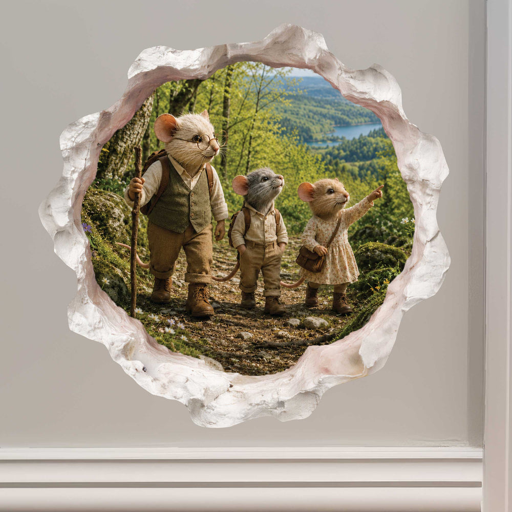 Grandpa and Grandchildren Hiking Mouse Hole Decal