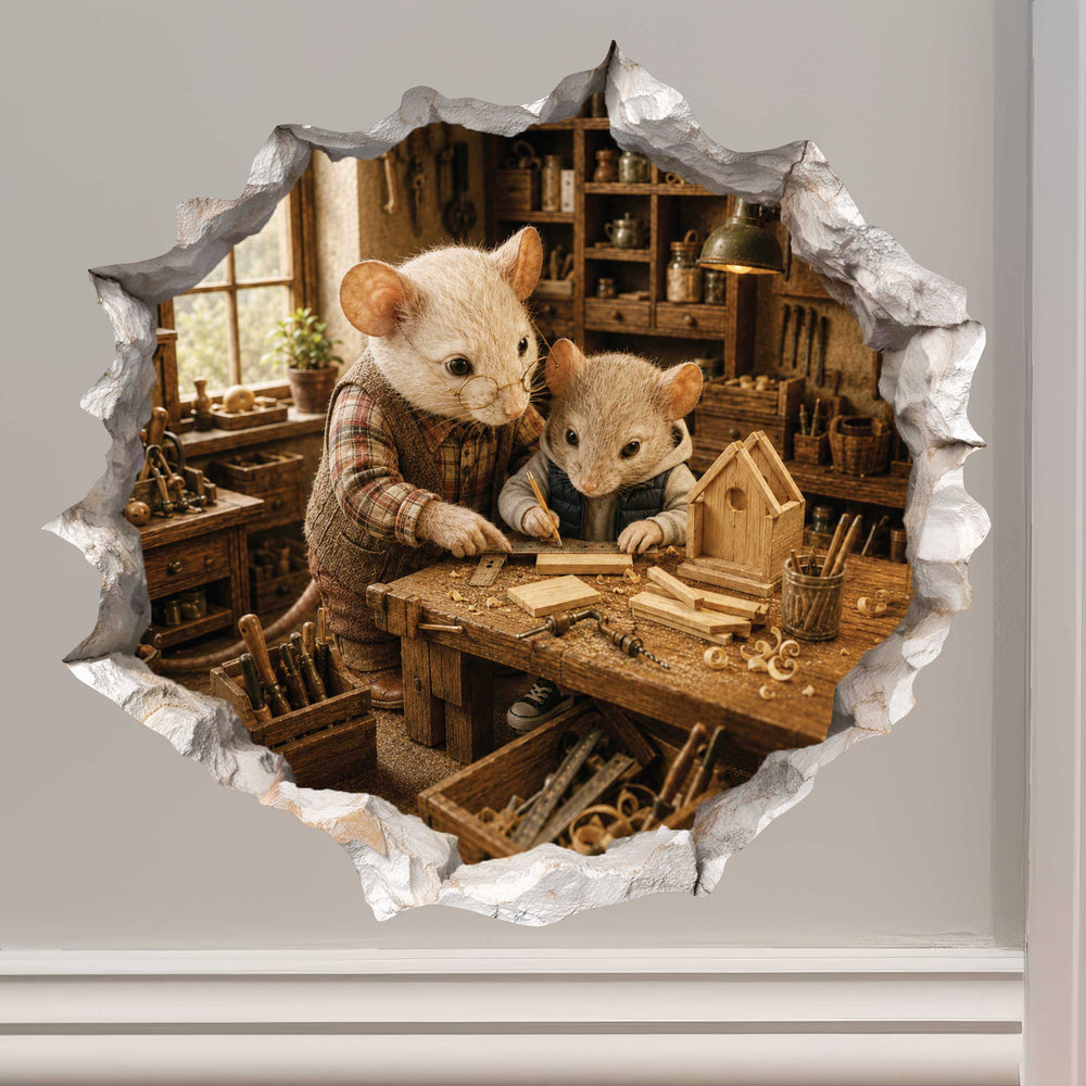 Grandpa and Grandson Woodworking Mouse Hole Decal