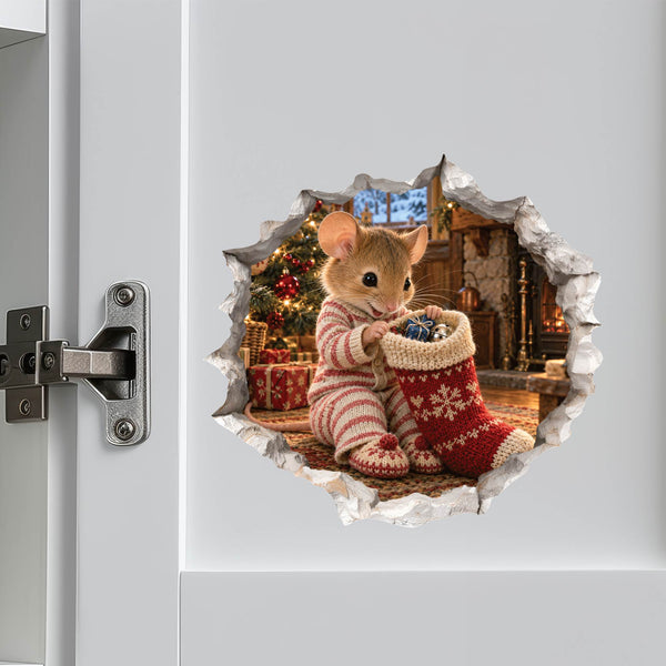 Christmas Stocking Surprise Mouse Hole Wall Decal