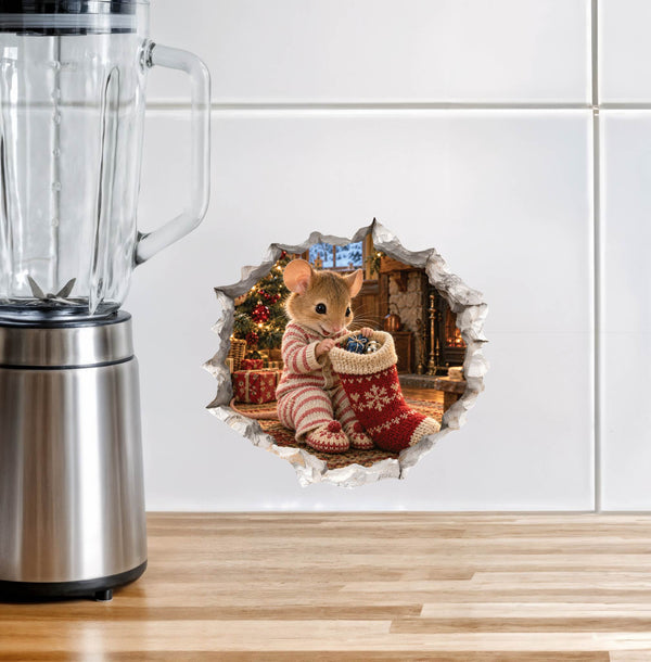 Christmas Stocking Surprise Mouse Hole Wall Decal