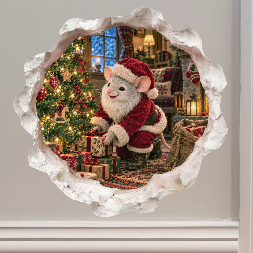 Santa's Christmas Eve Delivery Mouse Hole Wall Decal