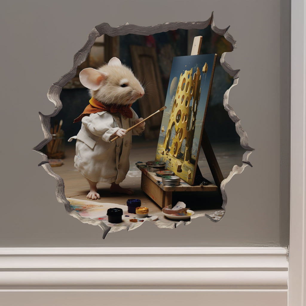 Painter Artist Mouse in Mouse Hole Decal - Mouse Hole 3D Wall Sticker