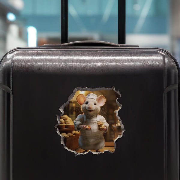 Baker Mouse decal on luggage
