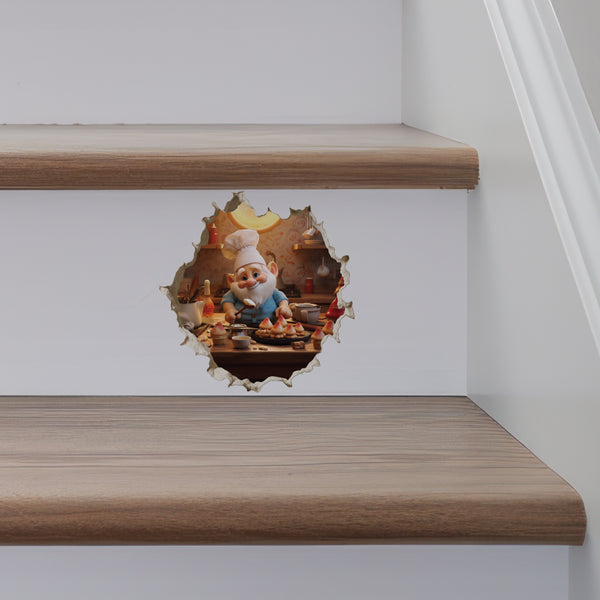 Gnome Baking Mushroom Cupcakes decal on stairs