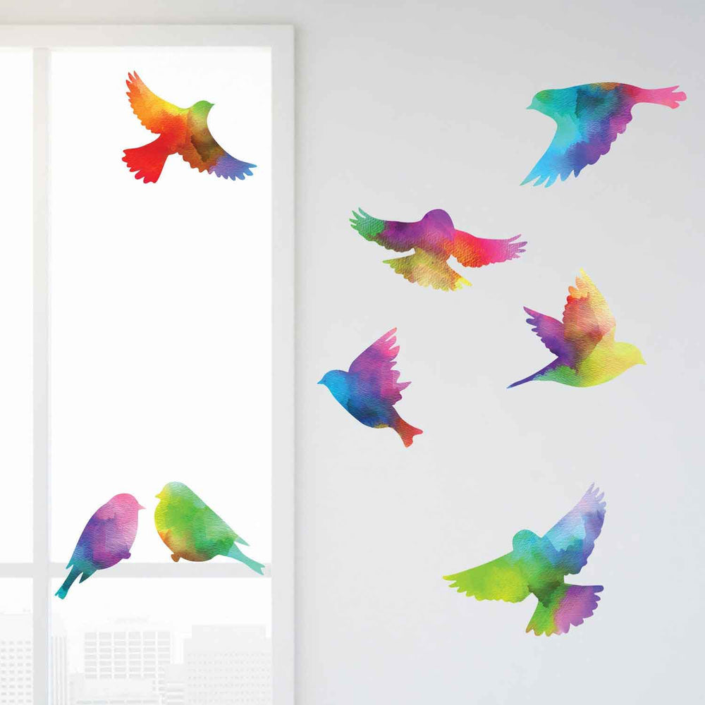 Bird Decals - Set of 8 in Watercolor Rainbow Pattern