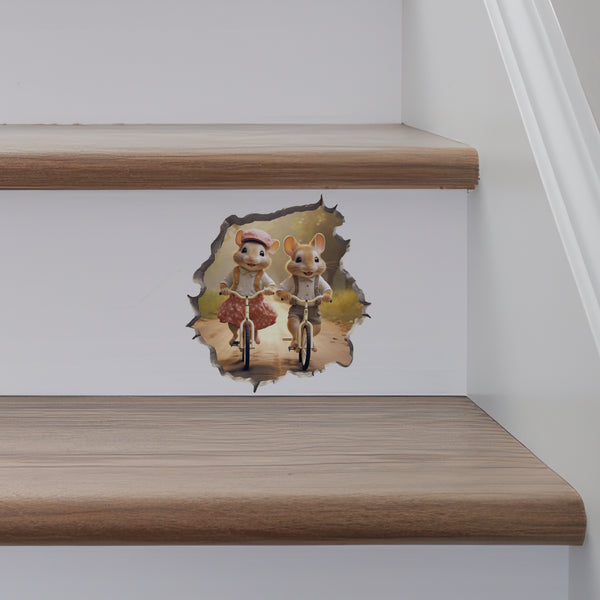Couple Mice on Bike Ride decal on stairs