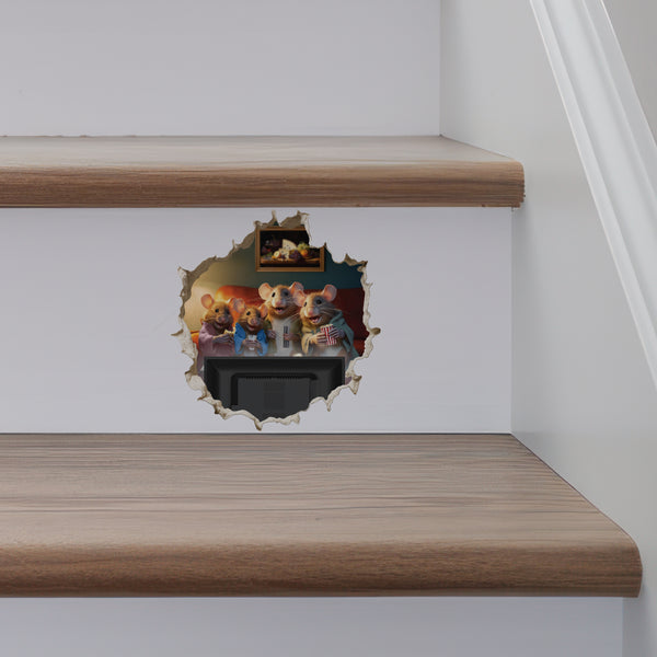 Mouse Family Watching TV decal on stairs