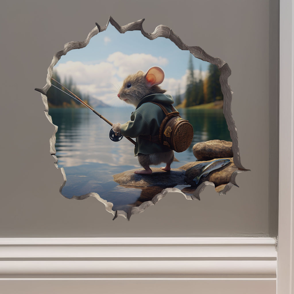 Fisherman Mouse in Mouse Hole Decal - Mouse Hole 3D Wall Sticker