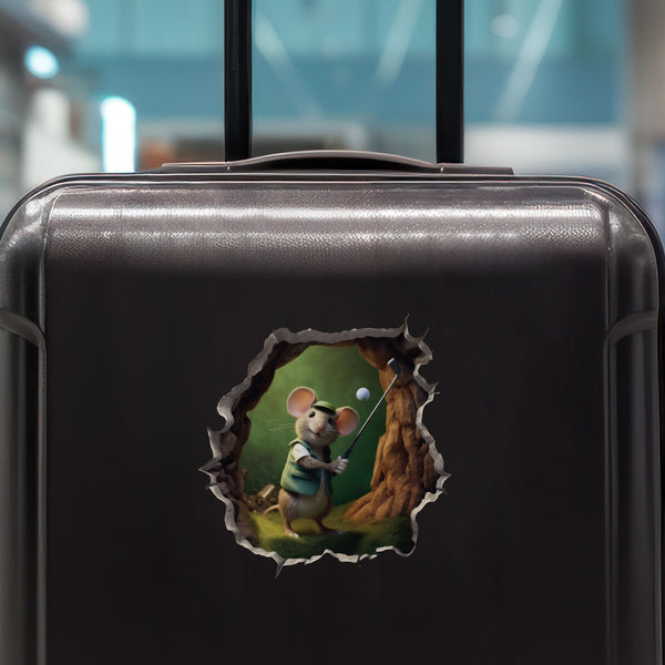Golfer Mouse decal on luggage