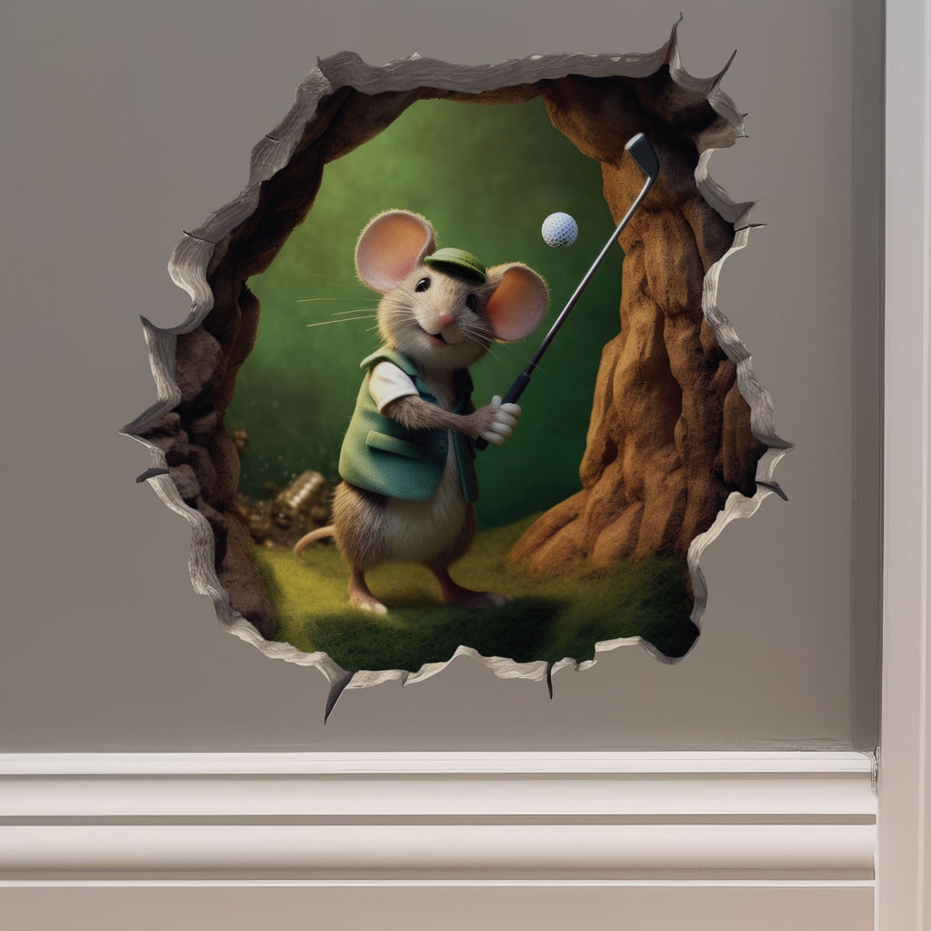 Golfing mouse decal on wall